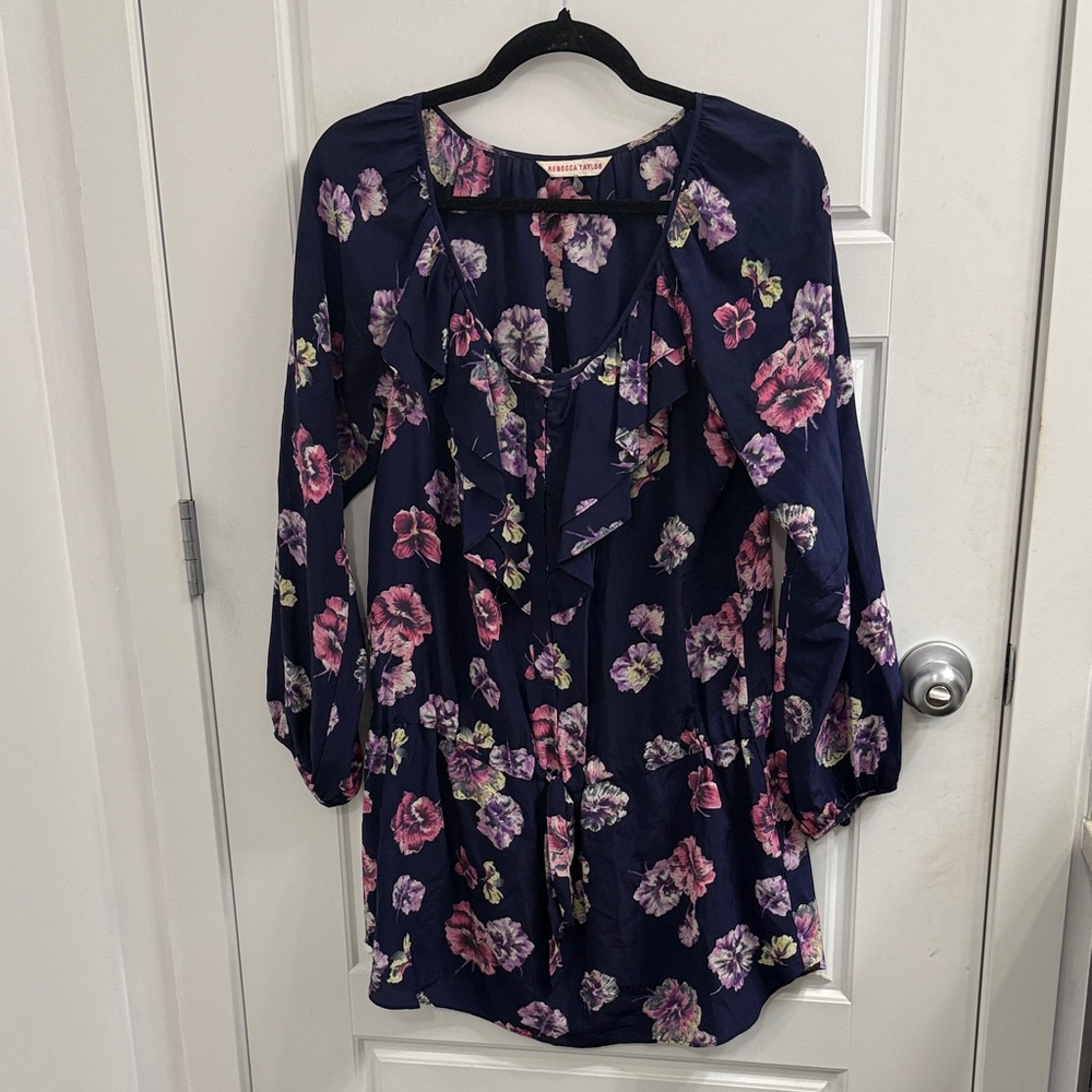 Rebecca Taylor 100% silk Navy Dress with Pink‎ Floral Design Size 6